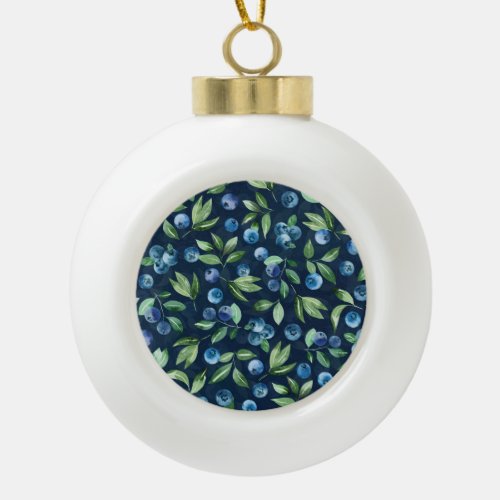 Watercolor Blueberry Dark Background Pattern Ceramic Ball Christmas Ornament