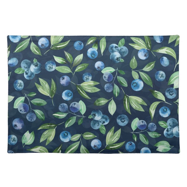 Watercolor Blueberry Dark Background Pattern Cloth Placemat (Front)