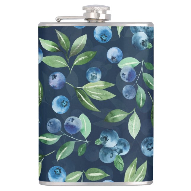Watercolor Blueberry Dark Background Pattern Flask (Front)