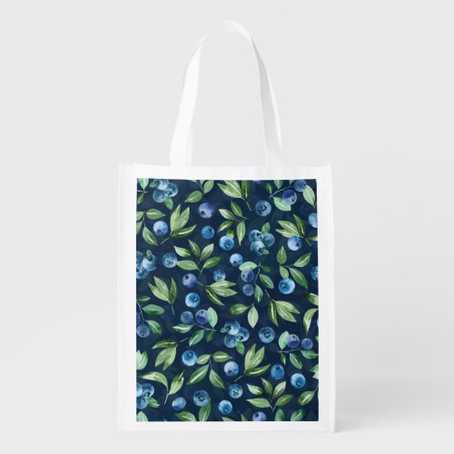 Watercolor Blueberry Dark Background Pattern Grocery Bag