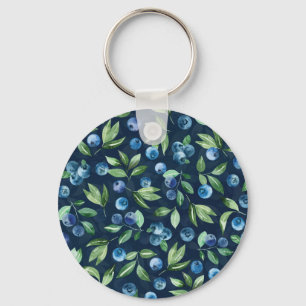 Watercolor Blueberry Dark Background Pattern Keychain