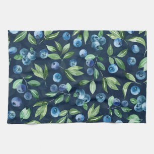 Watercolor Blueberry Dark Background Pattern Kitchen Towel