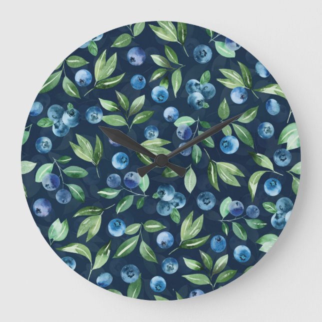 Watercolor Blueberry Dark Background Pattern Large Clock (Front)