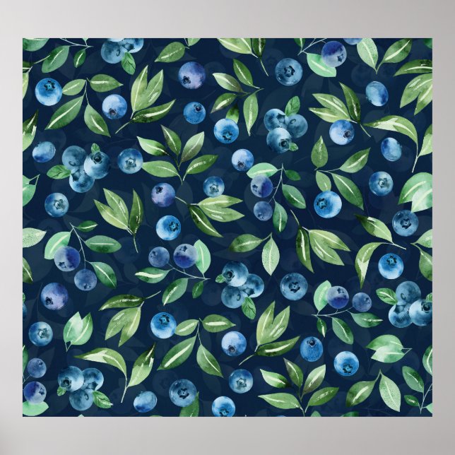 Watercolor Blueberry Dark Background Pattern Poster (Front)