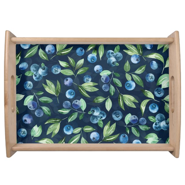 Watercolor Blueberry Dark Background Pattern Serving Tray (Front)