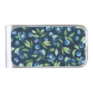Watercolor Blueberry Dark Background Pattern Silver Finish Money Clip