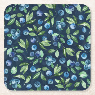 Watercolor Blueberry Dark Background Pattern Square Paper Coaster
