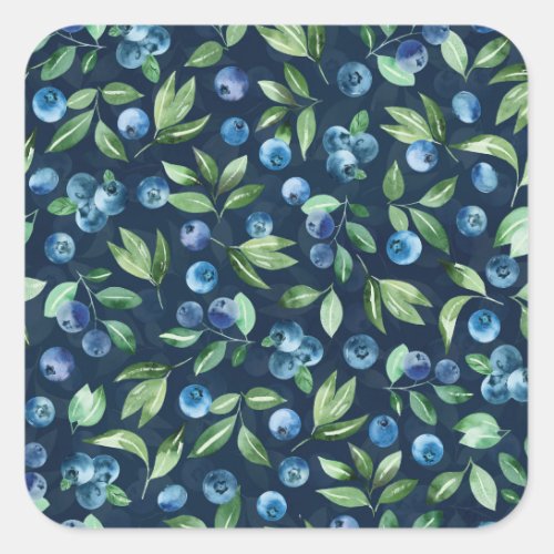 Watercolor Blueberry Dark Background Pattern Square Sticker