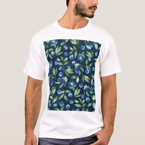 Watercolor Blueberry Dark Background Pattern T_Shirt