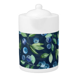 Watercolor Blueberry Dark Background Pattern Teapot