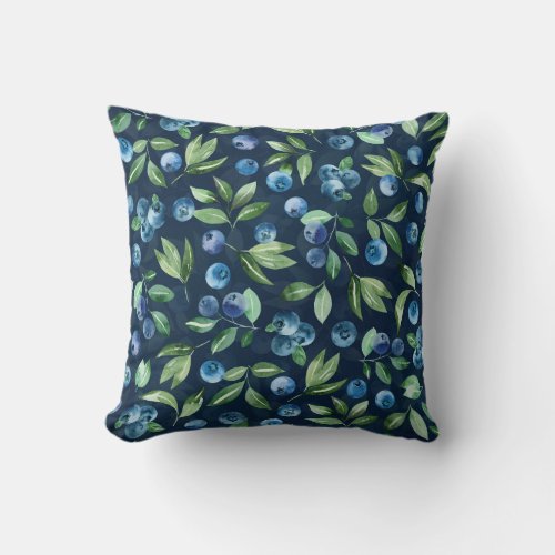 Watercolor Blueberry Dark Background Pattern Throw Pillow