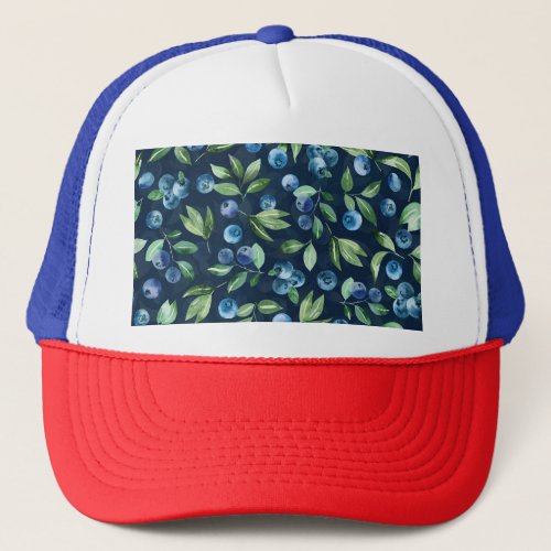 Watercolor Blueberry Dark Background Pattern Trucker Hat