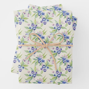 Watercolor Blueberry Fruit and Blueberry Flowers Wrapping Paper Sheets