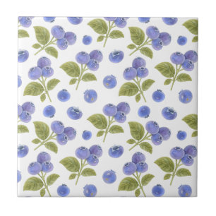 Watercolor Blueberry Fruit and Blueberry Leaves Ceramic Tile