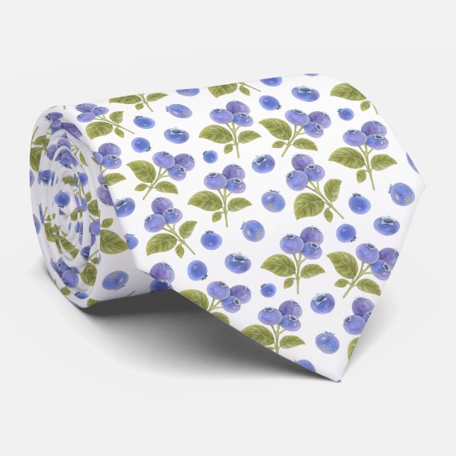 Watercolor Blueberry Fruit and Blueberry Leaves  Neck Tie (Rolled)