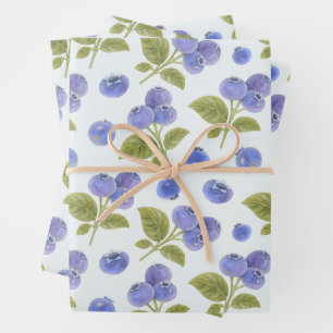 Watercolor Blueberry Fruit with Leaves Light Blue Wrapping Paper Sheets