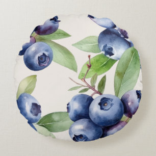 Watercolor Blueberry Garden Round Pillow
