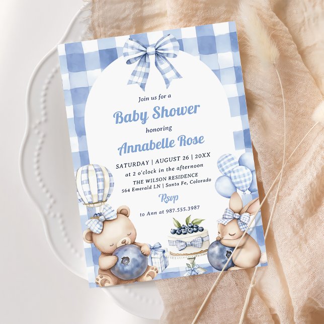 Watercolor Blueberry Gingham 1st Baby Shower Party Invitation (Creator Uploaded)