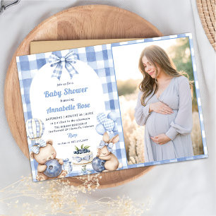 Watercolor Blueberry Gingham 1st Baby Shower Party Invitation