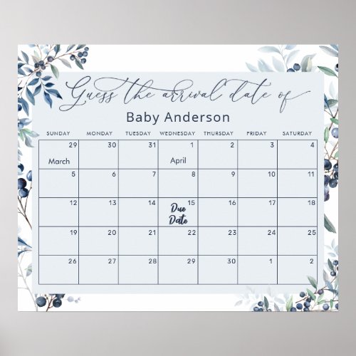 Watercolor Blueberry Guess the Due Date Poster