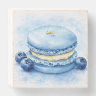 Watercolor Blueberry Macaron Dessert Art Wooden Box Sign