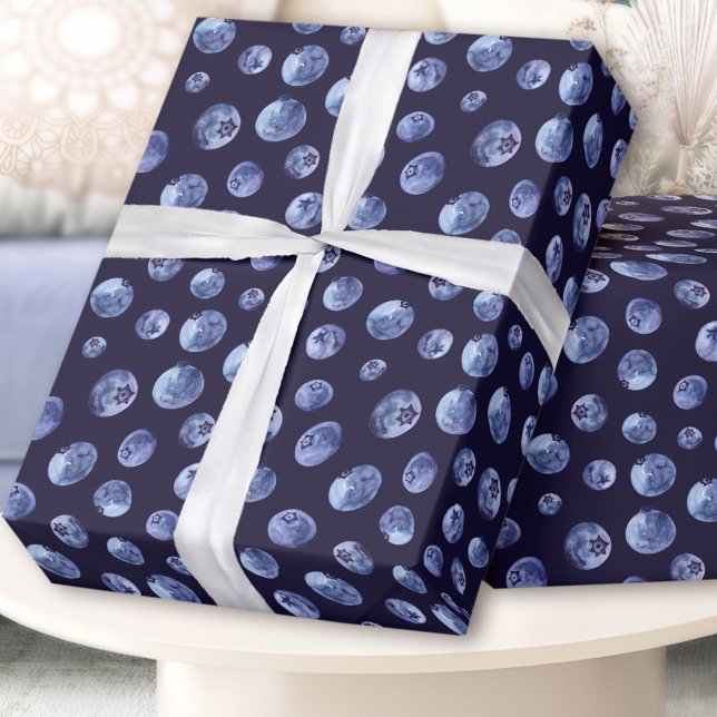 Watercolor Blueberry Pattern Blue Men Wrapping Paper (Watercolor blueberries pattern wrapping paper)