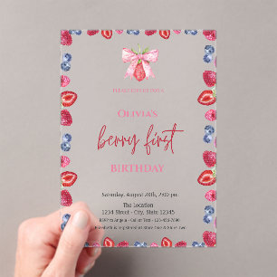 Watercolor Blueberry Strawberry 1st Birthday Acrylic Invitations