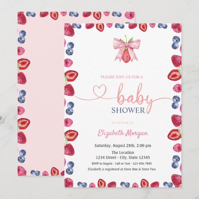 Watercolor Blueberry Strawberry Baby Shower Invitation (Front/Back)