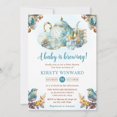 Watercolor Blueberry Tea Party Baby Shower Invitation