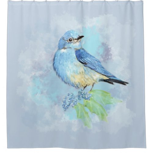 Watercolor Bluebird and Oregon Grape Garden  Bird Shower Curtain
