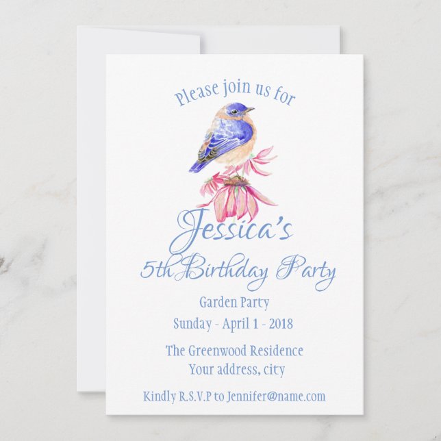 Watercolor Bluebird Bird Pink Flower Garden Invitation (Front)
