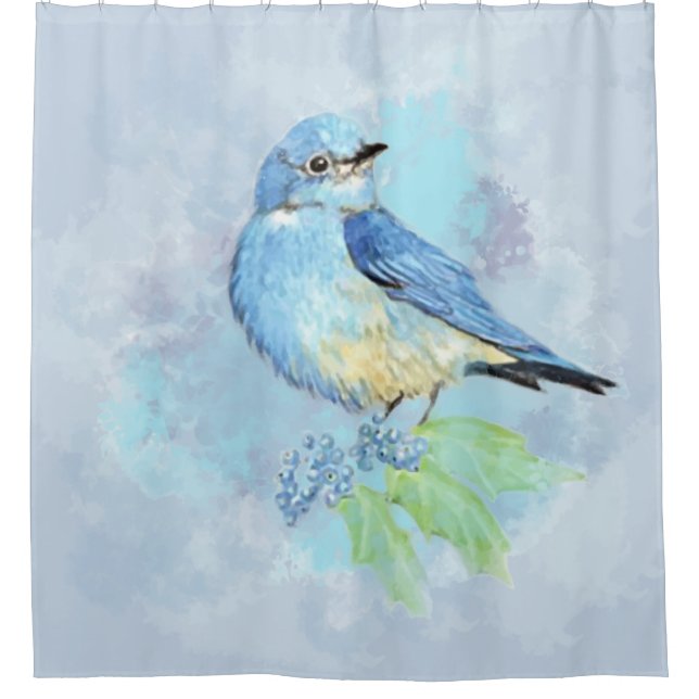 Watercolor Bluebird Blue Bird Art Shower Curtain (Front)