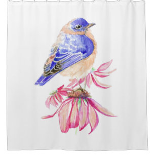 Watercolor Bluebird Coneflower Blue Pink Shower Curtain