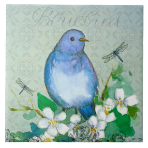 Watercolor Bluebird Dragonflies Syringa Tile