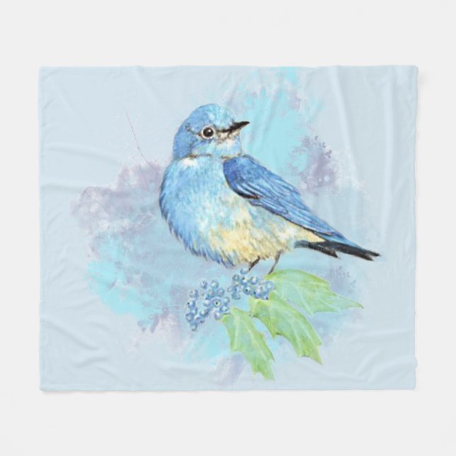 Watercolor Bluebird Garden Bird Art Fleece Blanket (Front (Horizontal))