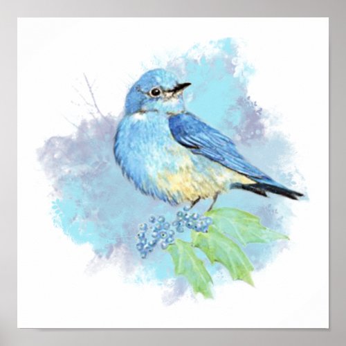 Watercolor Bluebird Garden Bird Art Poster