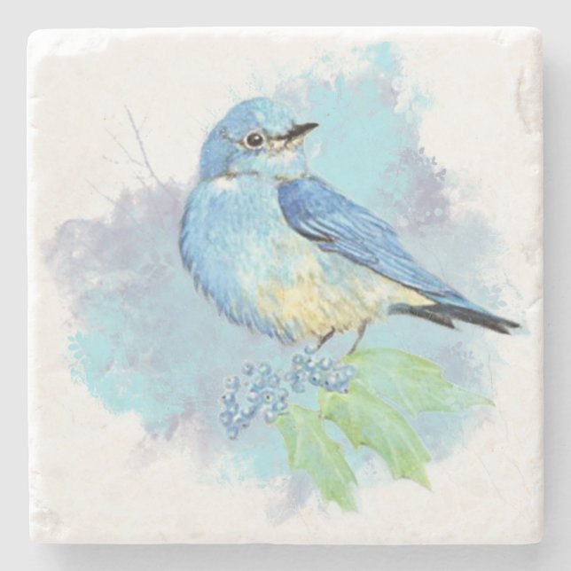 Watercolor Bluebird Garden Bird Art Stone Coaster (Front)