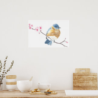 Watercolor bluebird on a cherry blossom branch poster