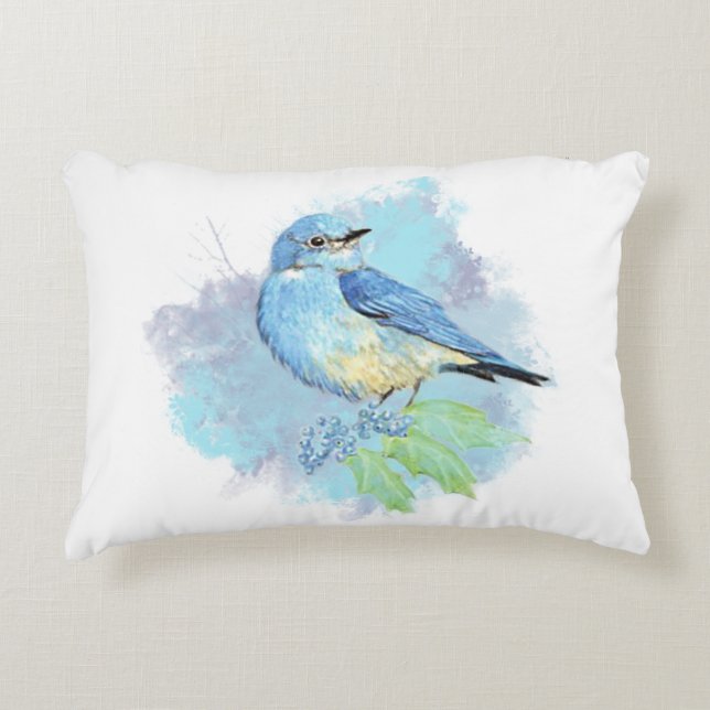 Watercolor Bluebird Pretty Blue Garden Bird Art Accent Pillow (Front)