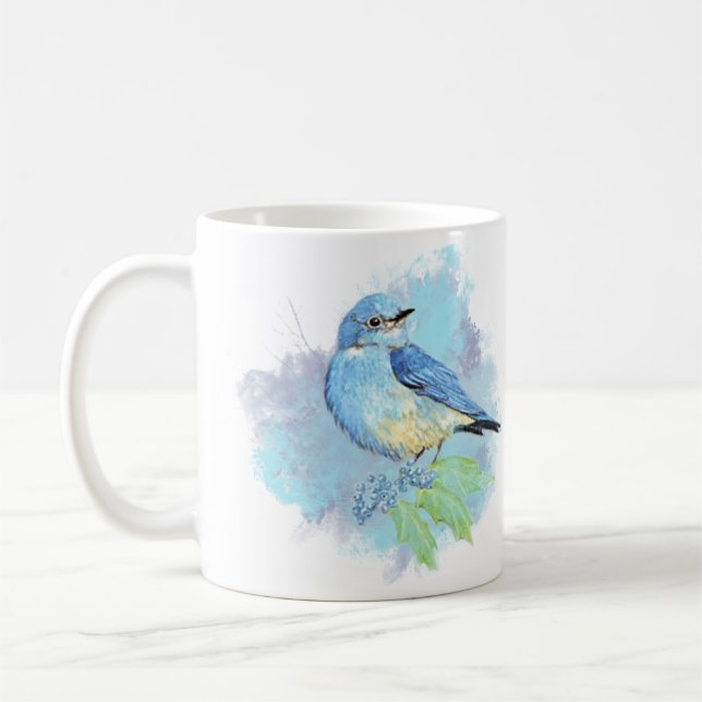 Watercolor Bluebird Pretty Blue Garden Bird Art Coffee Mug (Left)