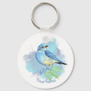 Watercolor Bluebird Pretty Blue Garden Bird Art Keychain