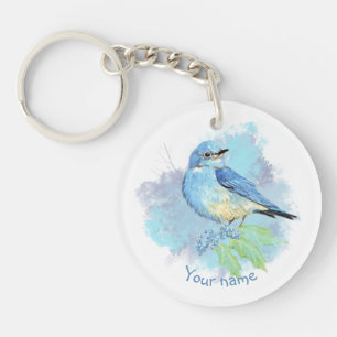 Watercolor Bluebird Pretty Blue Garden Bird Art Keychain