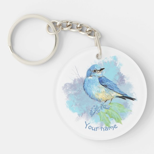 Watercolor Bluebird Pretty Blue Garden Bird Art Keychain (Front)