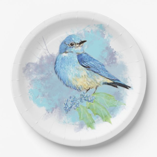 Watercolor Bluebird Pretty Blue Garden Bird Art Paper Plates (Front)