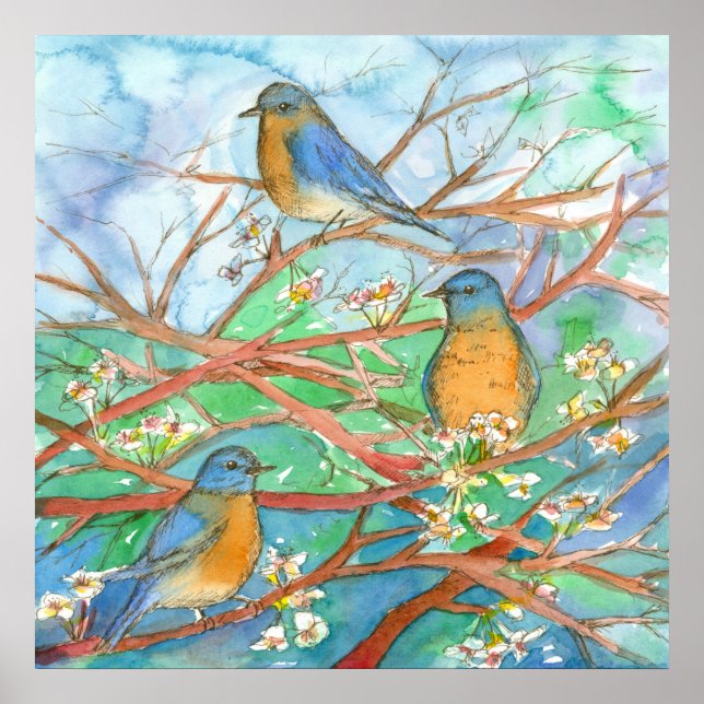 Watercolor Bluebirds Blossom Fruit Tree Painting Poster (Front)