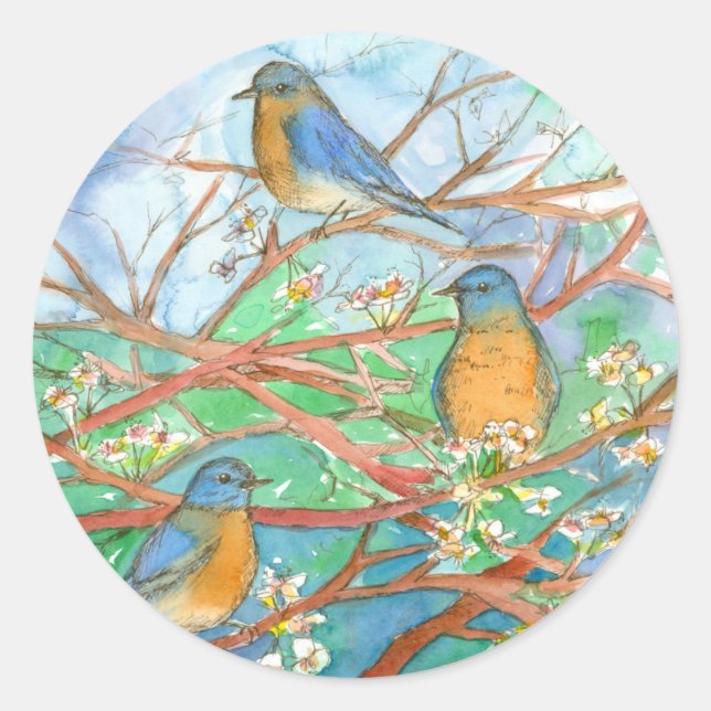 Watercolor Bluebirds Cherry Fruit Blossom Tree Classic Round Sticker (Front)