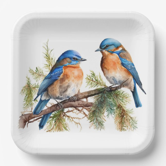 Watercolor Bluebirds on Pine Paper Plates (Front)