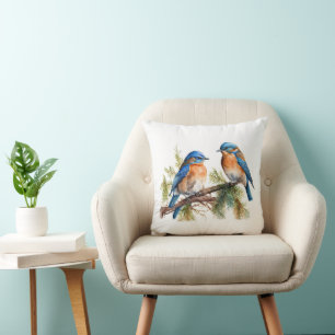 Watercolor Bluebirds on Pine Throw Pillow