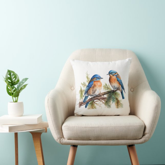 Watercolor Bluebirds on Pine Throw Pillow (Chair)