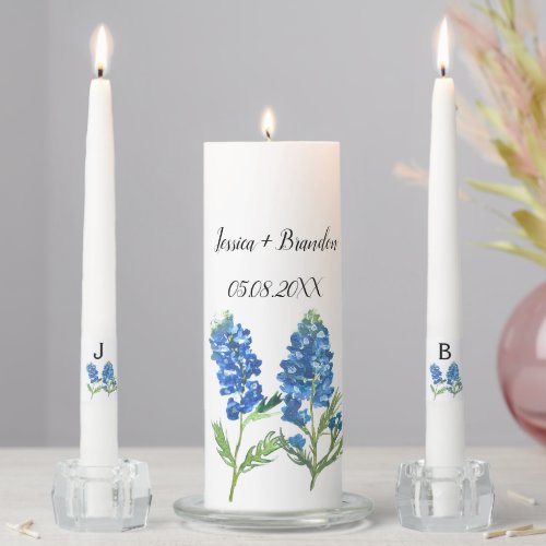 Watercolor Bluebonnets Blue Floral Monogram Unity Candle Set